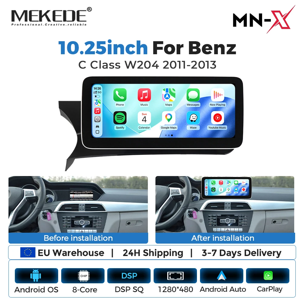 MEKEDE, autoradio stereo con sistema Android Auto e CarPlay wireless a 8 core per Mercedes Benz Classe C W204 C204 S204 2011-2013, sistema NTG 4.5, Bluetooth, GPS, sistema intelligente, 4G LTE,