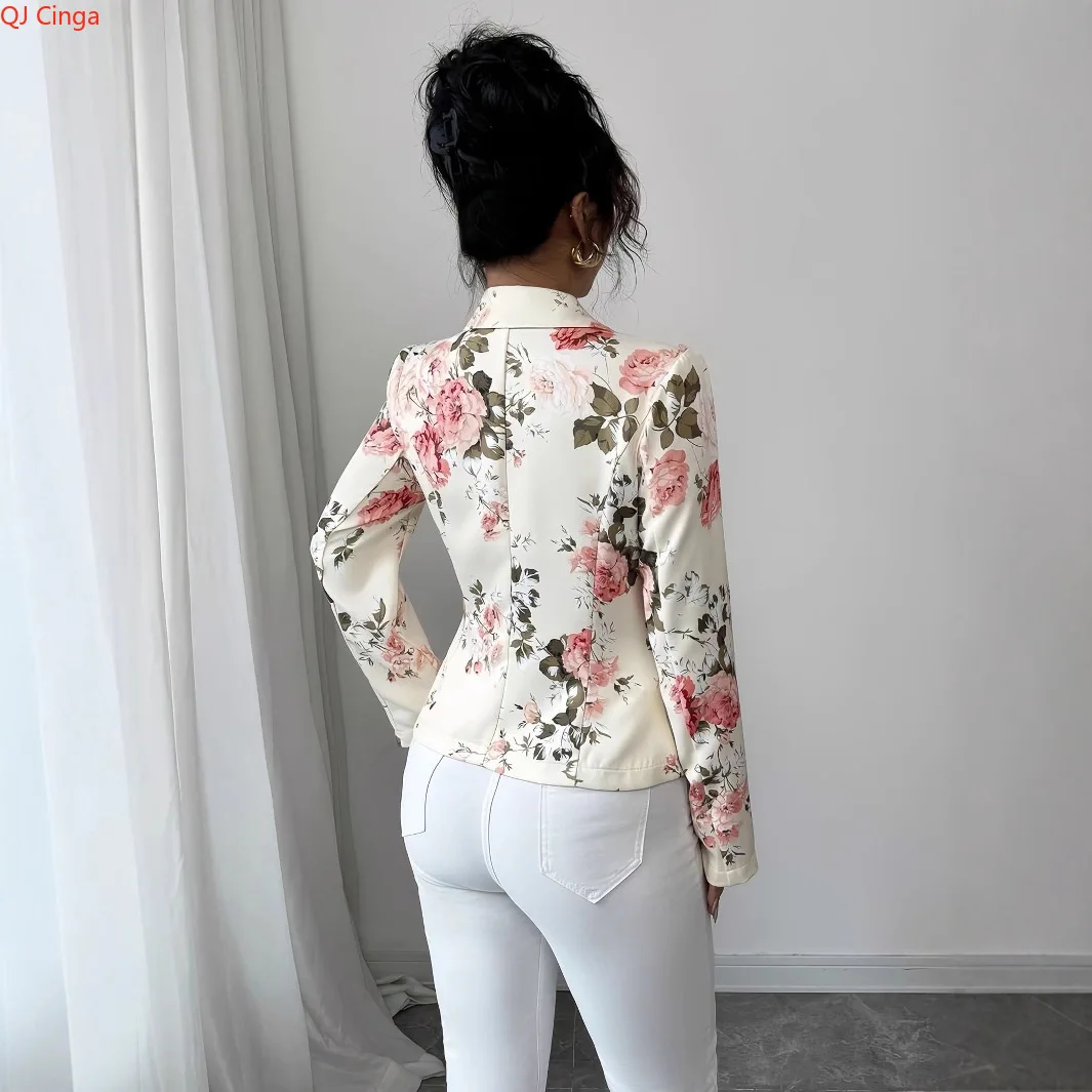 2026 New Collection White Women's Printed Blazer Jacket Stylish Slim-Fit Outerwear Asian Sizes Casual Coat S-XXL