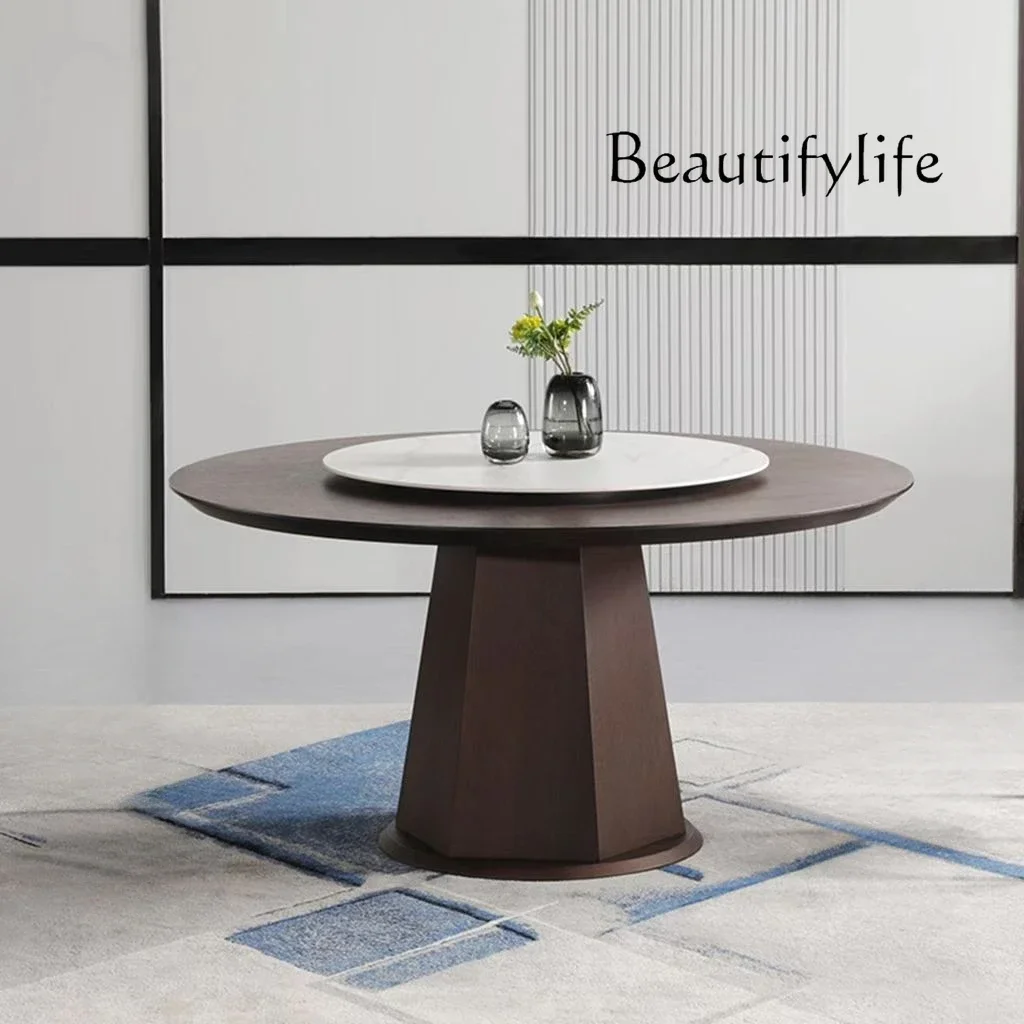 Nordic all-solid wood dining table household small apartment light luxury modern style round table with turntable Italian style