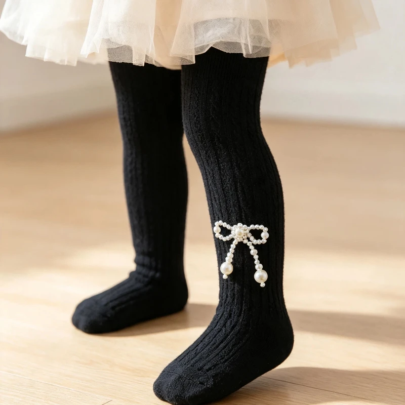 Lovely Girls Fashion Solid Pantyhose Elegant Pearl Bead Chain Bow Decoration Anti Pilling Gentle Airy Elastic Knit Chic Leggings
