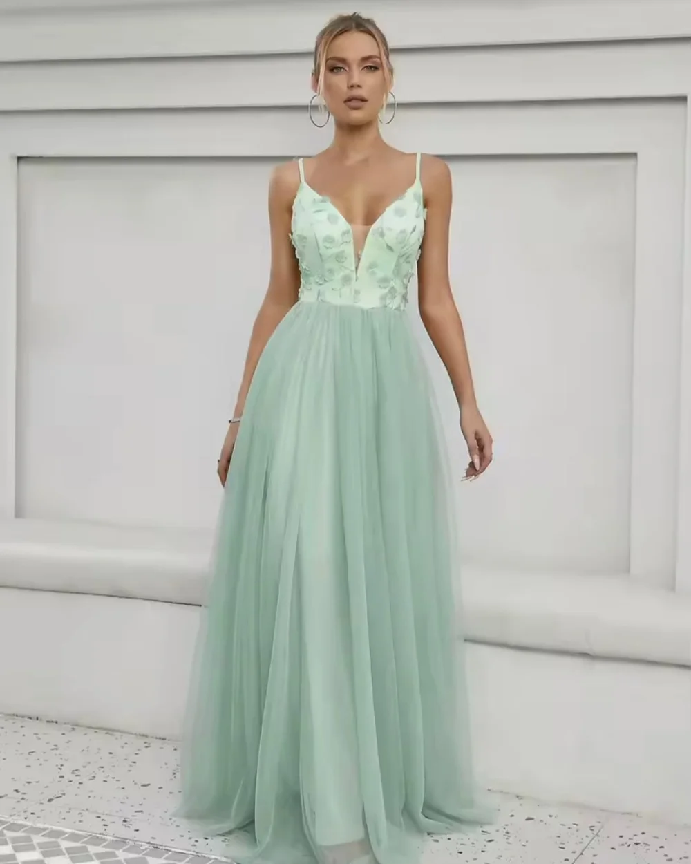 

Customized Elegant Fashion Tulle Handmade Flower Ruched Straight Spaghetti strap Long Dresses Bespoke Occasion Dresses Matching