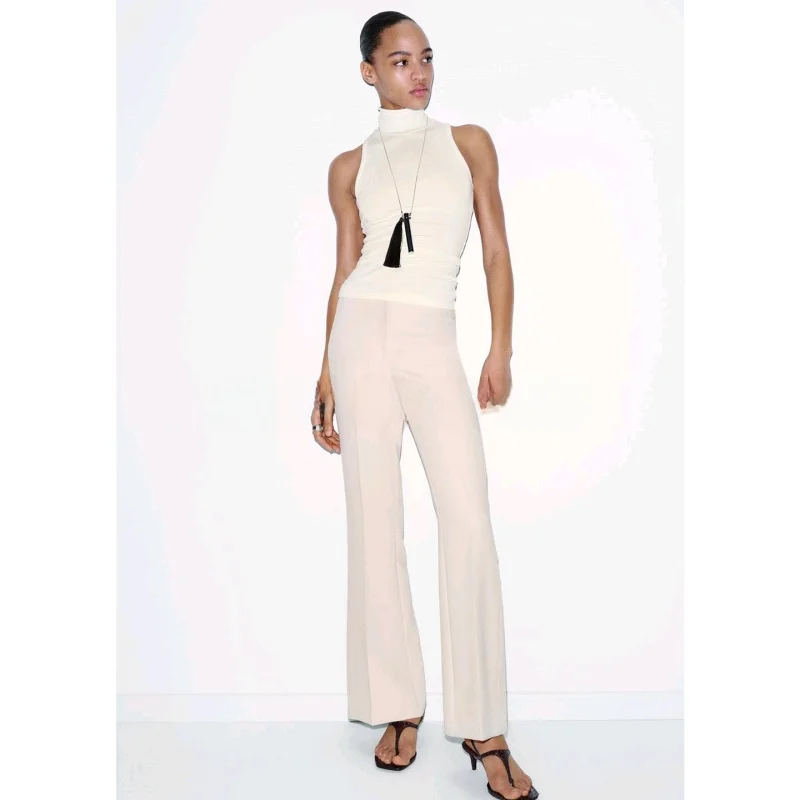 Low Waist A-Line Flared Pants for Women Commuter Style Side Seam Detail Casual Trousers Summer New Arrival Polyester Fiber