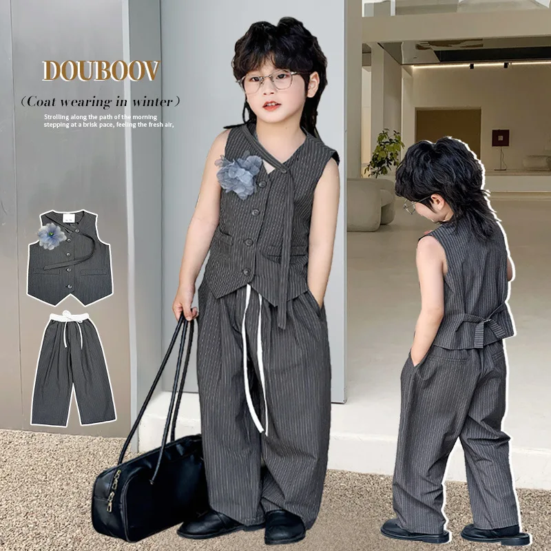 Summer Kids Vest Suit Formal Grey Stripe Waistcoat Trousers Set Teenage Boys Girls Clothing Set Casual Fashion Children Costumes