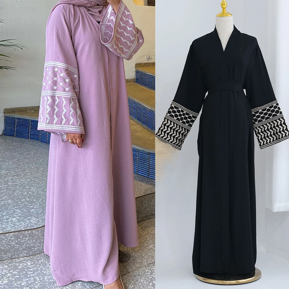 New Simple Style Palestinian Keffiyeh Style Embroidered Islamic Clothing Crepe Dubai Abaya Women Muslim Dress Open Abaya