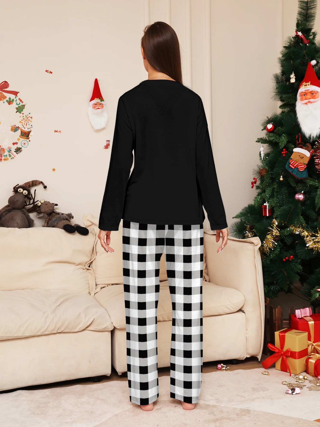 크리스마스 커플 잠옷 - '우리는 가족이다' 프린트 긴 소매 & 체크무늬 하의