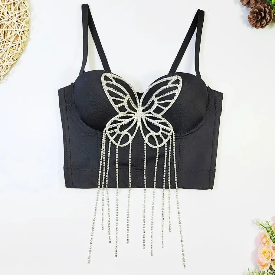 

3D decoration beaded tassel camisole underwired bustier bra women cropped top female nightclub party sexy Tank tops Y4747