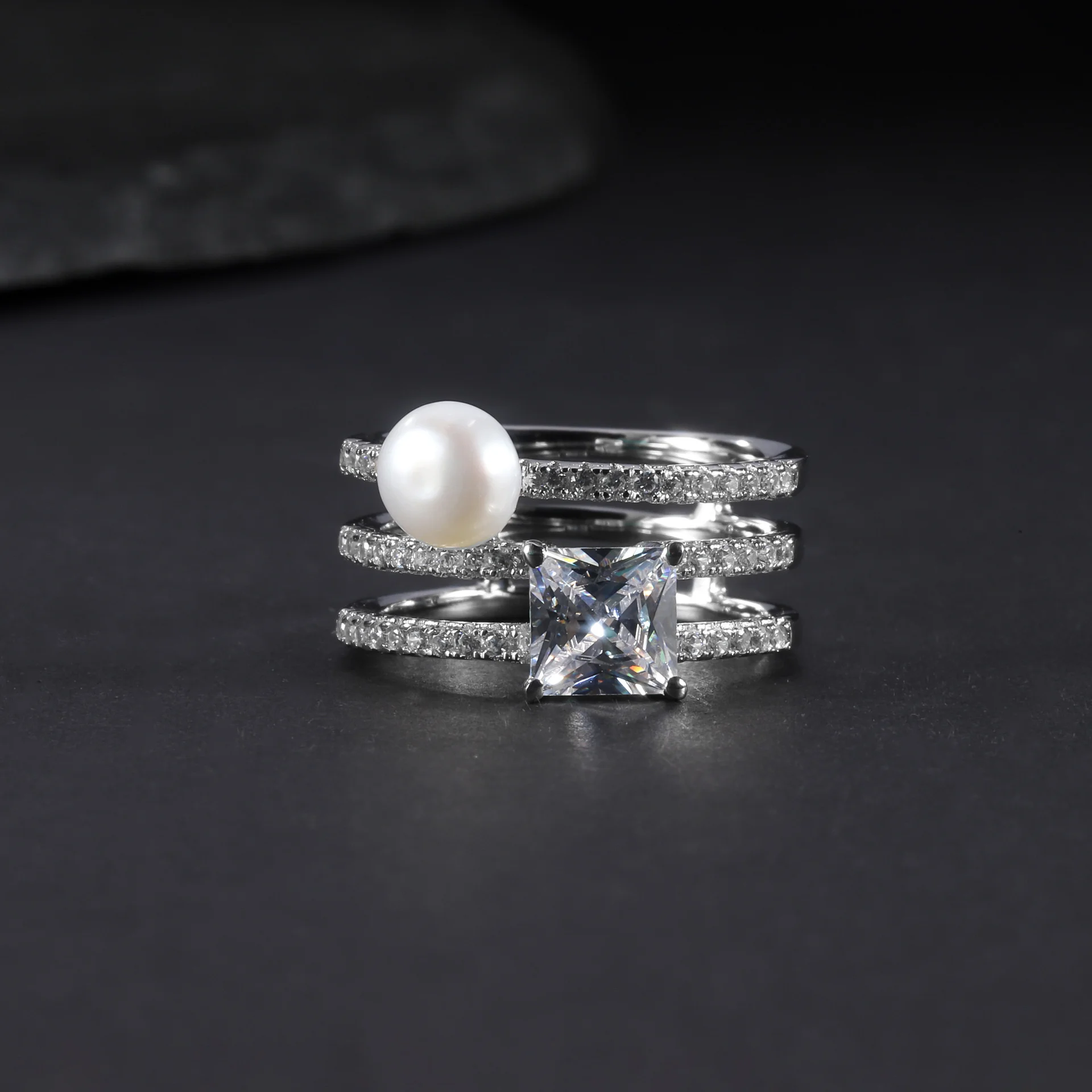 

brand genuine real jewels S925 Sterling Silver Natural Freshwater Pearl Fashion Light Luxury High Grade Three Inlaid Ring Set hi