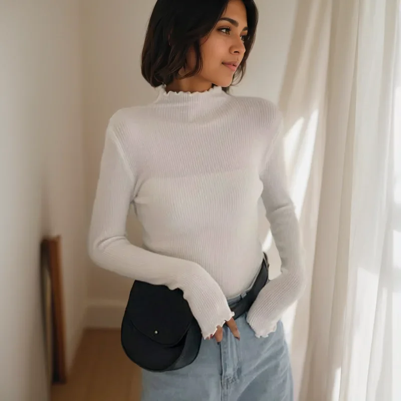 

GELITAYIN Autumn Winter Slim Tops Women Clothes Turtleneck Ruched Sweater Women Fashion Elastic Solid Sexy Knitted Pullover New