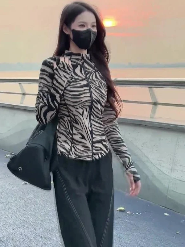 

Повседневный спортивный костюм Zebra Spot, женский весенне-осенний тренировочный костюм Qui Dry Fitn, одежда для йоги, длинная застежка-молния