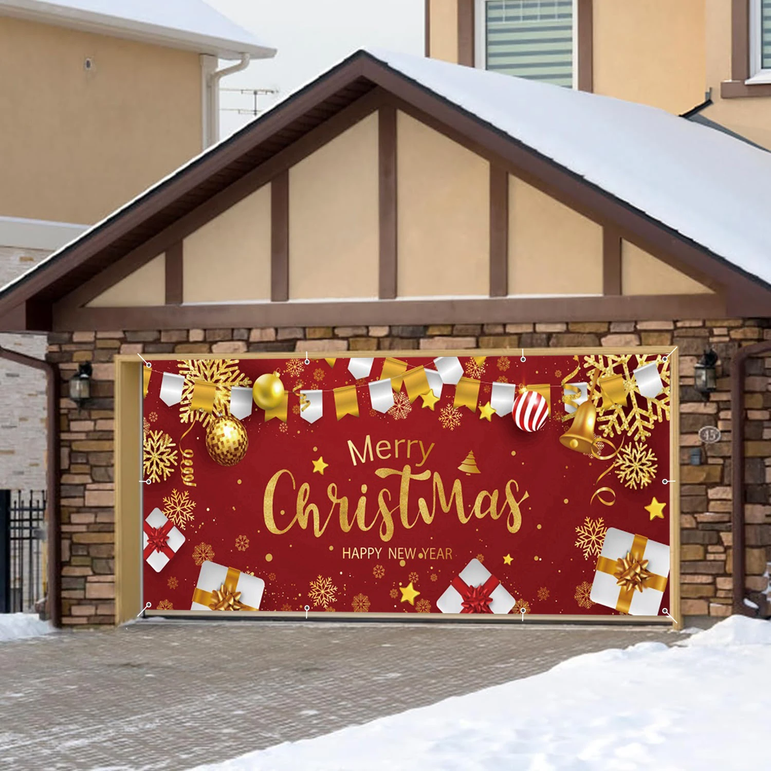 الأحمر عيد الميلاد المرآب الجدار الديكور راية خلفية أجراس الشتاء عيد الميلاد إكليل الهدايا غطاء باب المرآب الديكور في الهواء الطلق