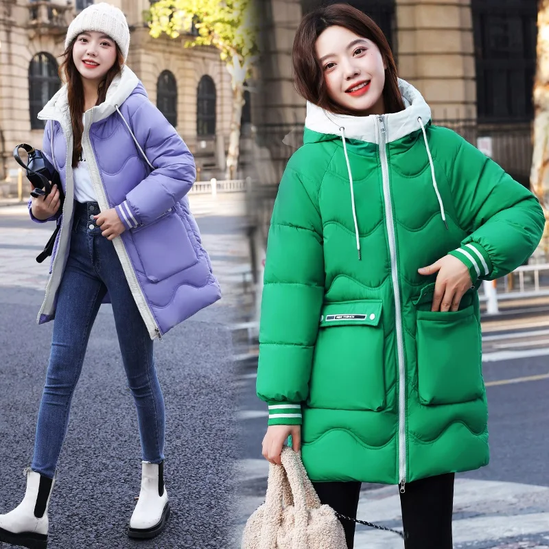 

Модная уличная цветная блузка с капюшоном, хлопковая куртка свободного кроя, женская осенне-зимняя синяя верхняя одежда средней длины, пальто