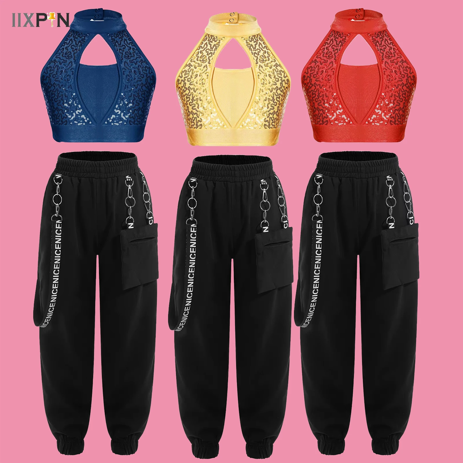 

Kids Hip Hop Jazz Dance Dance Clothes Girls Shiny Sequins Shelf Drum Performance Costume Dancing Performance Outfits Set