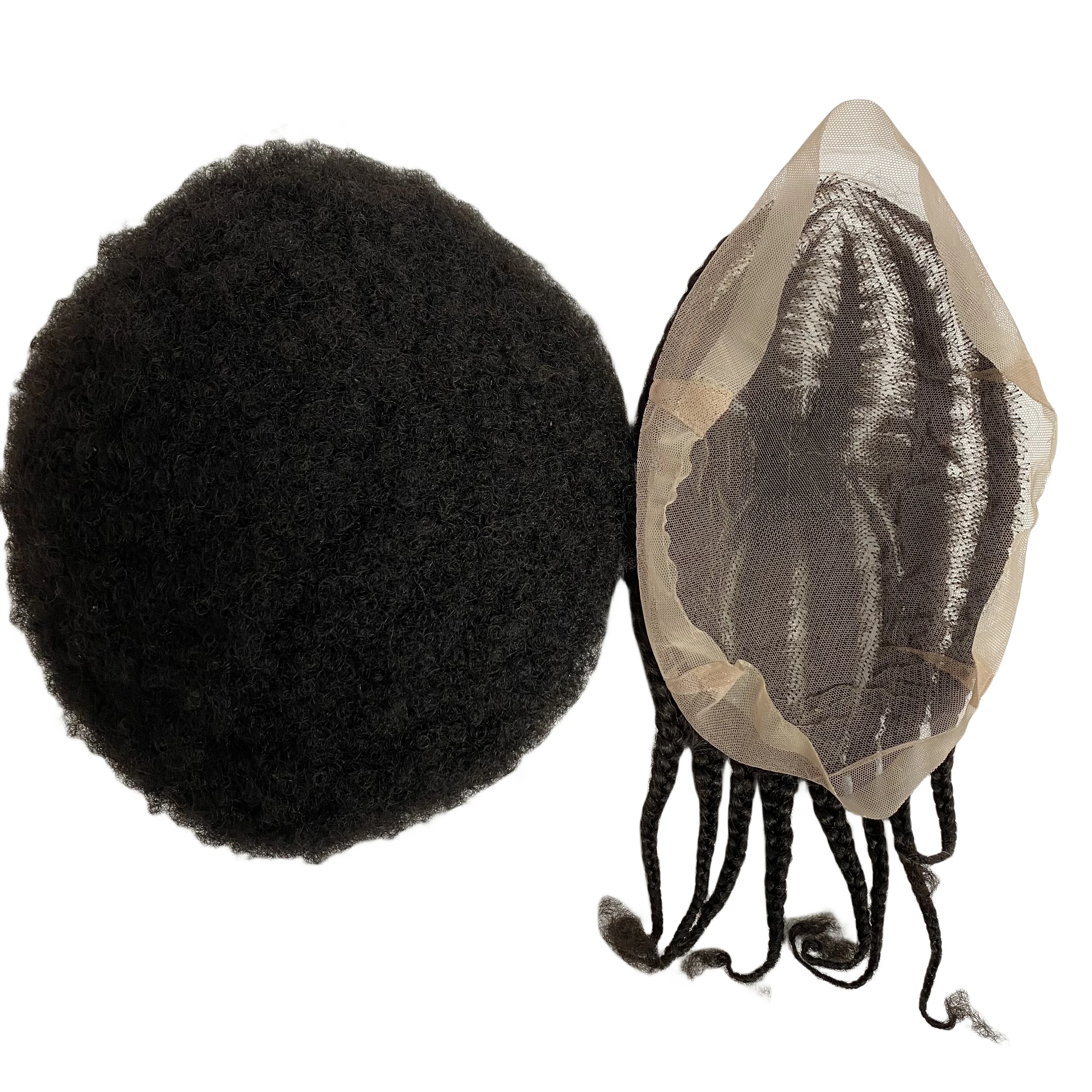 Postizo de cabello humano virgen chino N ° 8, raíz Afro, trenzas de maíz N ° 1, tupé de encaje completo negro azabache para Blackman