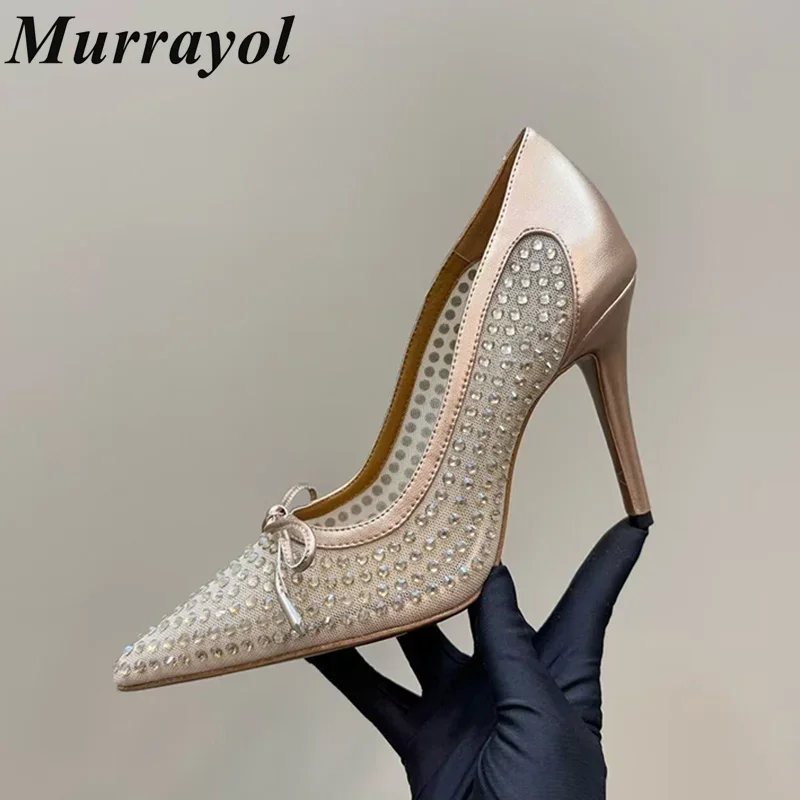 

New Women Lace Mesh Thin Heel Single Shoes Pointed Toe Rhinestone Decor Sandals Summer Party Dress Shoes Pumps Wedding Shoes