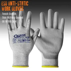 QEARSAFETY ESD Anti Static Work Safety Glove Touch Screen Thin PU Lightweight, Breathable, Grip, 12 Pairs Pack