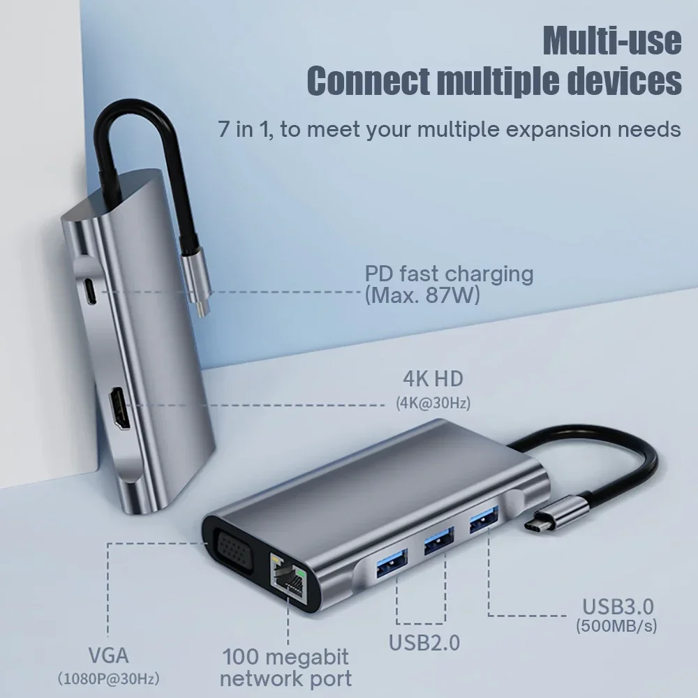 7 in 1 USB C Hub Type-C Adapter For USB 3.0 HDMI-4K 30HZ 87W PD Charge VGA RJ45 7 Port Docking Station for Macbook Accessories