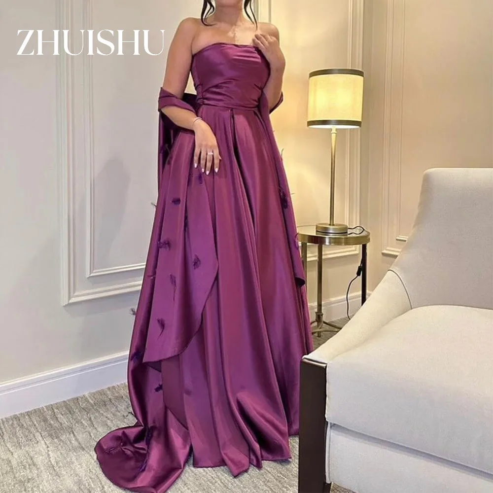 Zhuishu vestido de noite saudita, sem alças, cetim de seda, elegante, roxo, formal, evento, personalizado, longo, vestido de festa de baile, 2026
