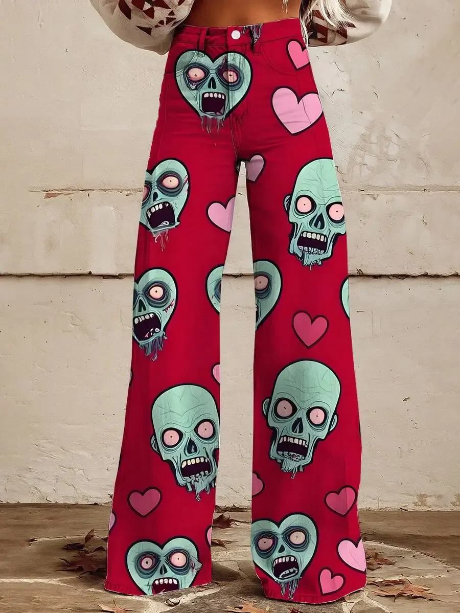

Womens 3D Printed Wide Leg Trousers With Zombie And Heart Pattern Casual Pants