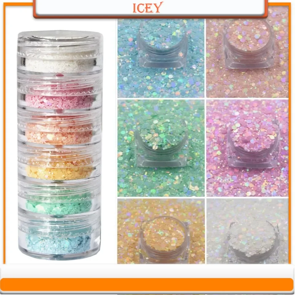 

Icey Beauty 1set Laser Macaron Gradient Color Mixed Glitter Glitter Glitter Nail Art Drip Glue Flowing Hemp Material Candy Color