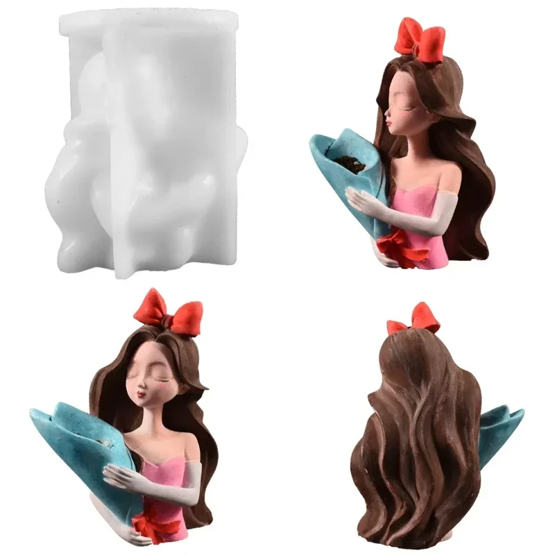 Neues Design Silikonform Schleifenmädchen-Blumentopf DIY Harz Frauenporträt Handgemachte Heimdekoration Gipsform Wiederverwendbar Weihnachten