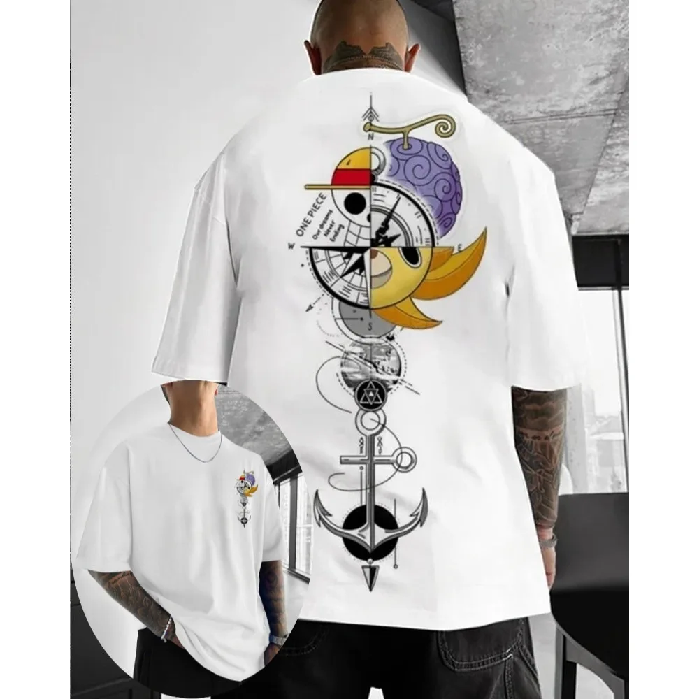 Trendy Casual "One Piece" Men's T-shirt Mengqi D Luffy Summer and Autumn Animation Boys Children's Short Sleeve Retro Loose