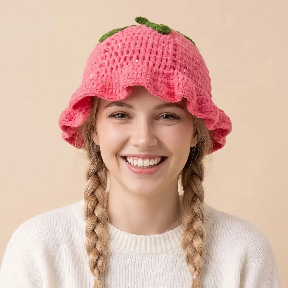 Creative Ruffle Strawberry Knitted Hat Fruit Shaped orange Knit Fisherman Hat Handmade Soft Knitted Bucket Hat Winter Autumn view 4