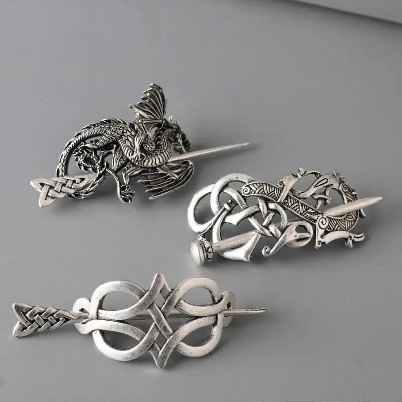 Viking Hairpin Celtics Knots Crown Vintage Metal Hair Stick Runes Dragons Slide Hair Clip Women Hair Jewelry Accessorie