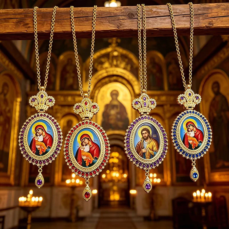 Luxury Byzantine Orthodox Theotokos Virgin Mary Icon Medallion Pendant Crown Chain Purple Red Blue Gemstone Church Religious Gif