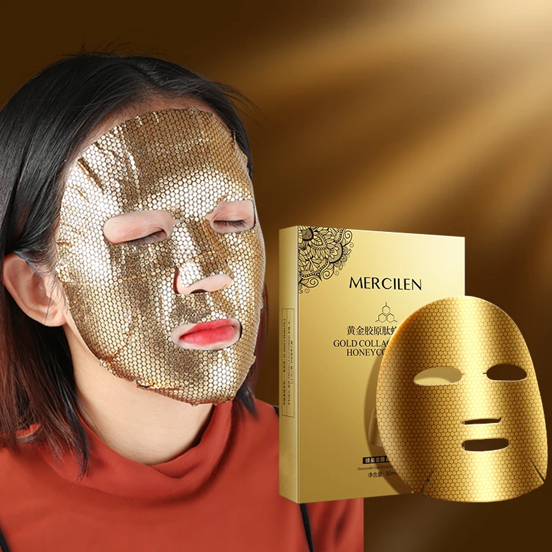MERCILEN Gold Collagen Peptide Honeycomb Mask 30ml x 5 pieces, moisturizes and tightens the skin, deeply cleanses and brightens the skin for an even complexion, making the skin look younger, suitable for all skin types