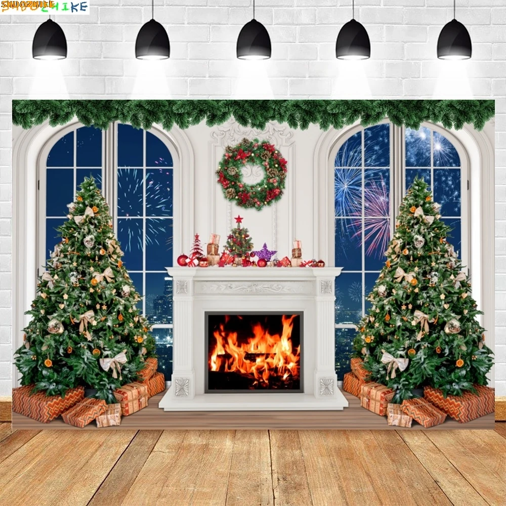 

Christmas Day New Year Party Photography Backdrops Prop Window Living Room Interior Xmas Tree Snow Theme Photo Background BG-41