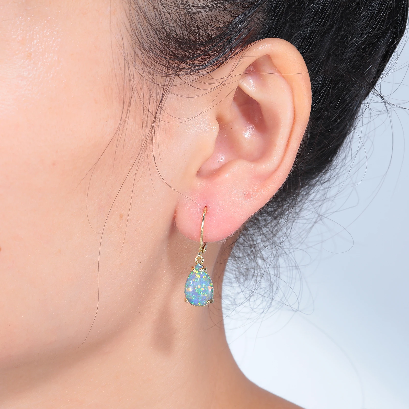 CiNily Blue&Purple Opal Hoop Earrings With Opal Stone Yellow Gold Plated Tear Drop Dangle Earring for Women Girls Summer Jewelry