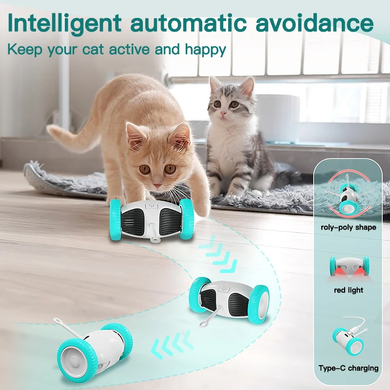 ROJECO Smart Cat Balancing Car Interactive Cat Toy Moving Feather Cat Stick For Dog Pet Playing Training Indoor Cat Accessories