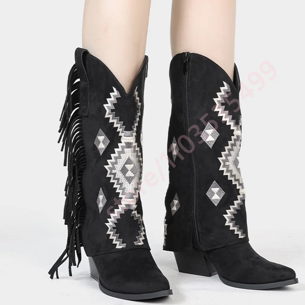 

vRetro Pointed-Toe Embroidered Tassel Boots 2025 Autumn Chunky Heel Zipper Short Boots Women's Casual Western Cowboy Boots