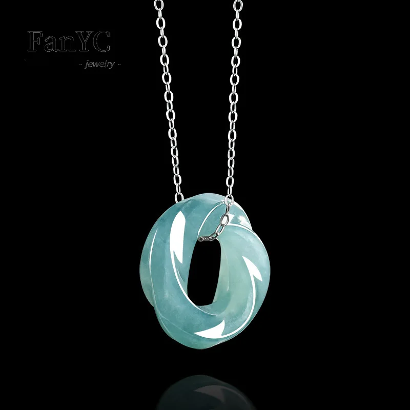 Natural Jadeite Blue Water Möbius Strip Pendant Hand-Carved Stylish Charming Ice-Type Jade Necklace Men and Women Festive Gift