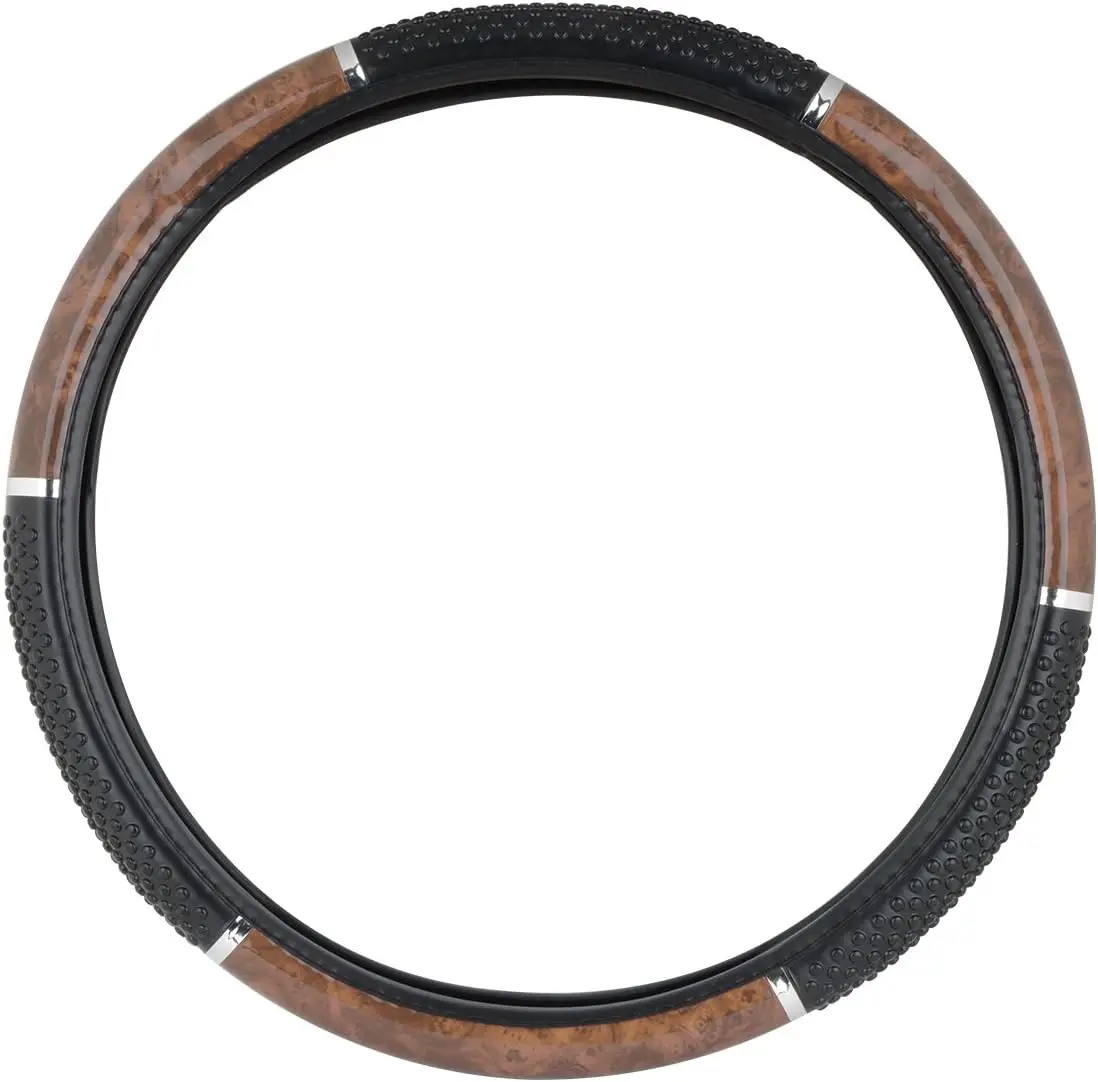 

18-Inch Light Wood Steering Wheel Cover with Black Hand Grips for Cars and Trucks
