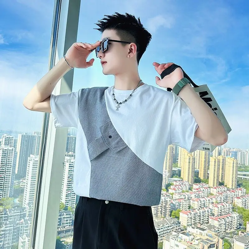 

Short-sleeved T-shirt Male Model Men's Two-color Clothes Color-blocking Half-sleeved Top