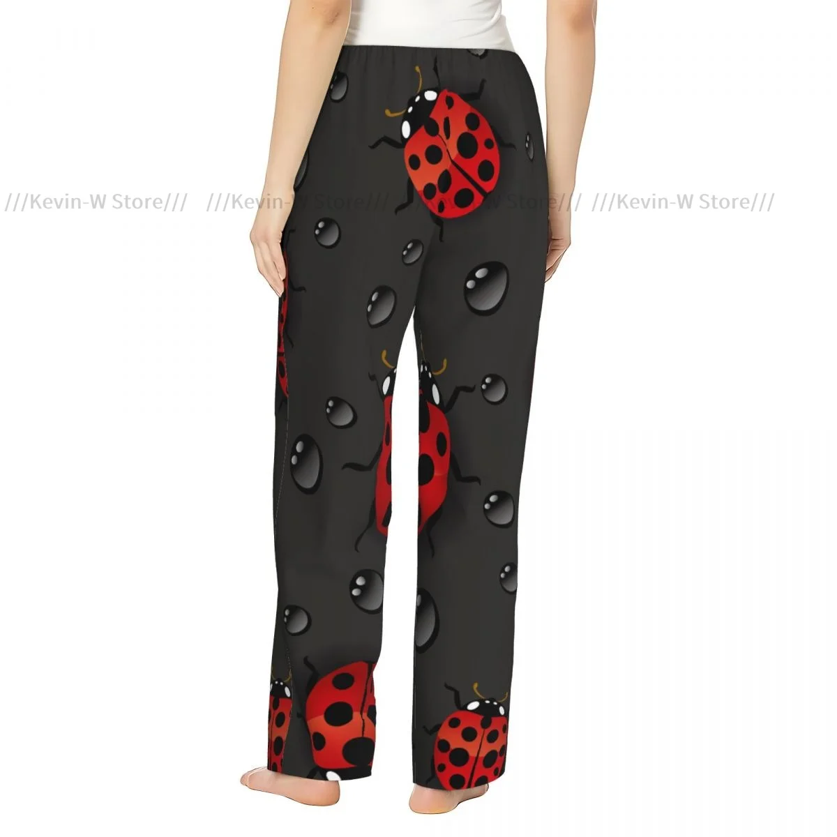 Women Red Ladybugs With Water Drops Flannel Pajama Pants Soft Warm Sleep Pants Cozy Winter Loungewear
