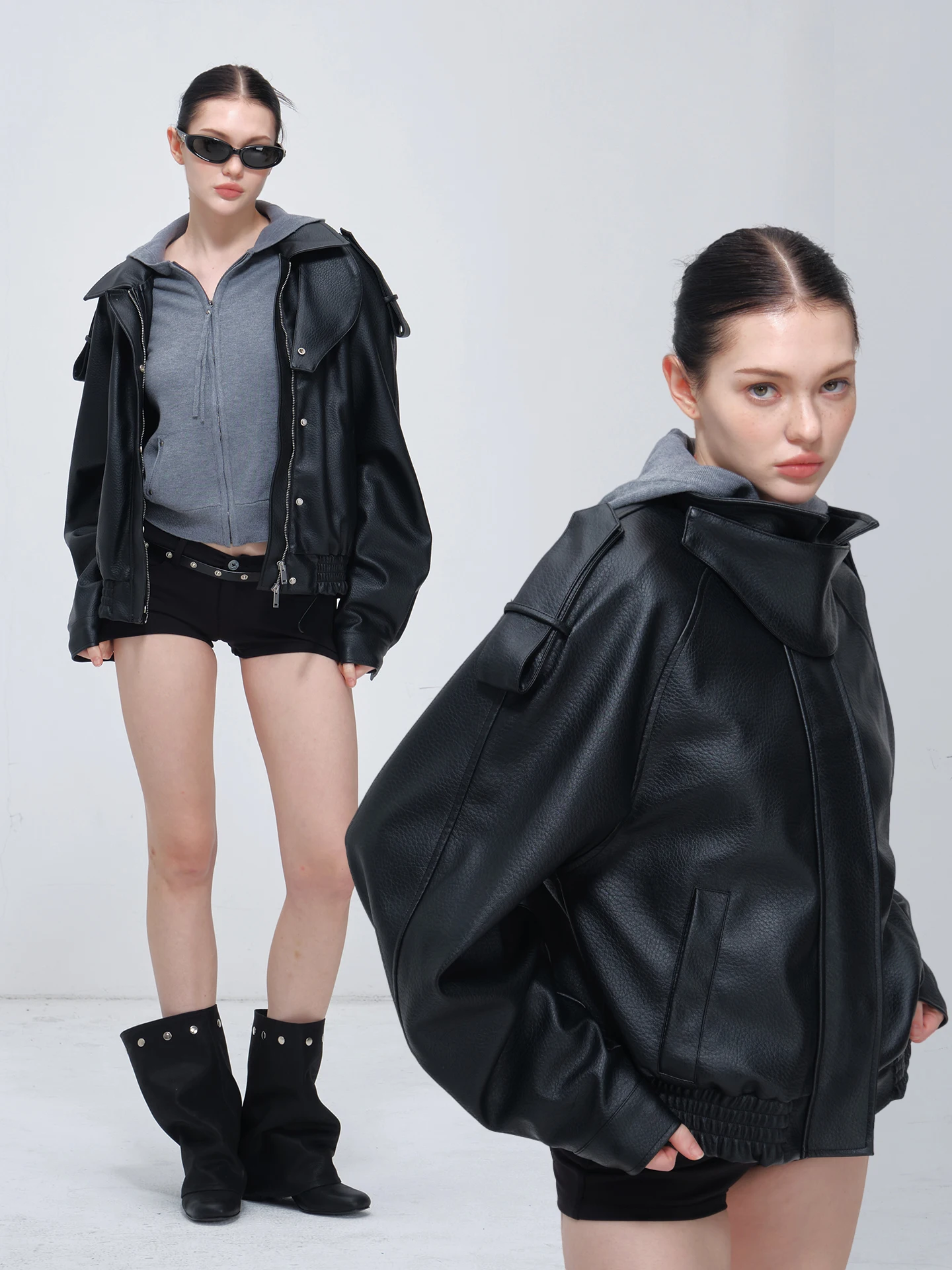 

Women's Short Leather Jacket with Metal Buckle, Autumn and Winter Faux Sheepskin Biker Jacket, Slim Fit, Height-Enhancing, Versatile, Windproof Top, Black Loose Leather Jacket, Shoulder Patch British Style Design, Vintage Workwear Leather Jacket