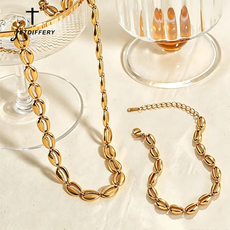 Letdiffery Fashion Shell Chain Bracelet Necklace Set for Women Stainless Steel 18k Gold Color Shell-shaped Wrist Chain Jewelry