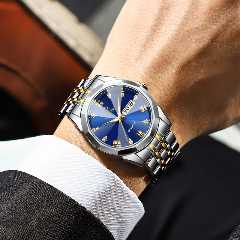 남자를위한 2025 스테인레스 스틸 쿼츠 손목 시계 럭셔리 주간 날짜 표시 빛나는 팔찌 패션 남자 시계 원래 시계