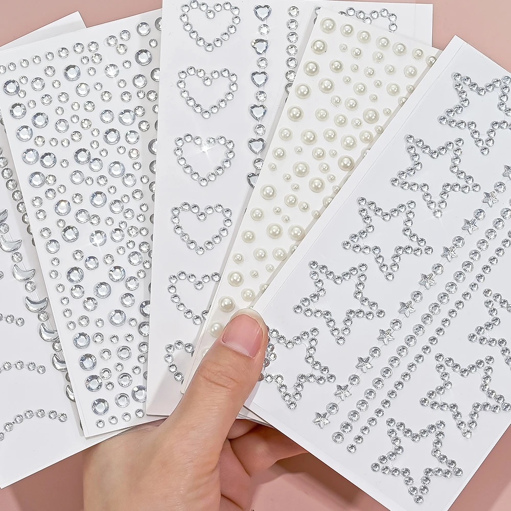 5 Stück 3D-Dekorationen mit klarem Gesicht, Strass-Aufkleber, funkelnder Stern/Liebes-Schmuck, selbstklebende Tattoo-Aufkleber, DIY simuliertes Perlendekor – Detail 9