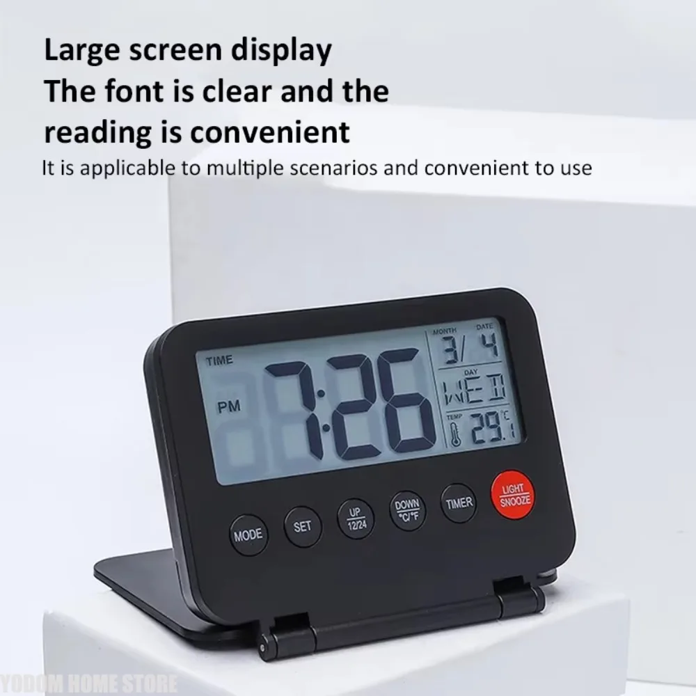 Digital Travel Alarm Clock Foldable Electronic Clock with Calendar BacklightSnooze Temperature LCD Thermometer Travel Desk Clock