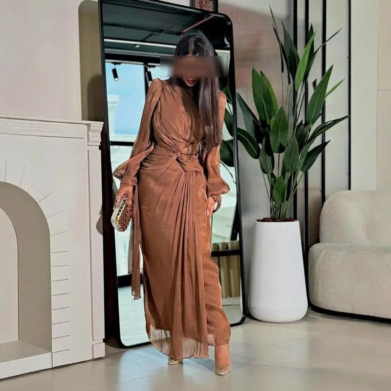 

Ele Long Sve Evening Gown with Pleated Saes iny Middle East Women's Autumn Winter Faion Dr Polyester Fiber