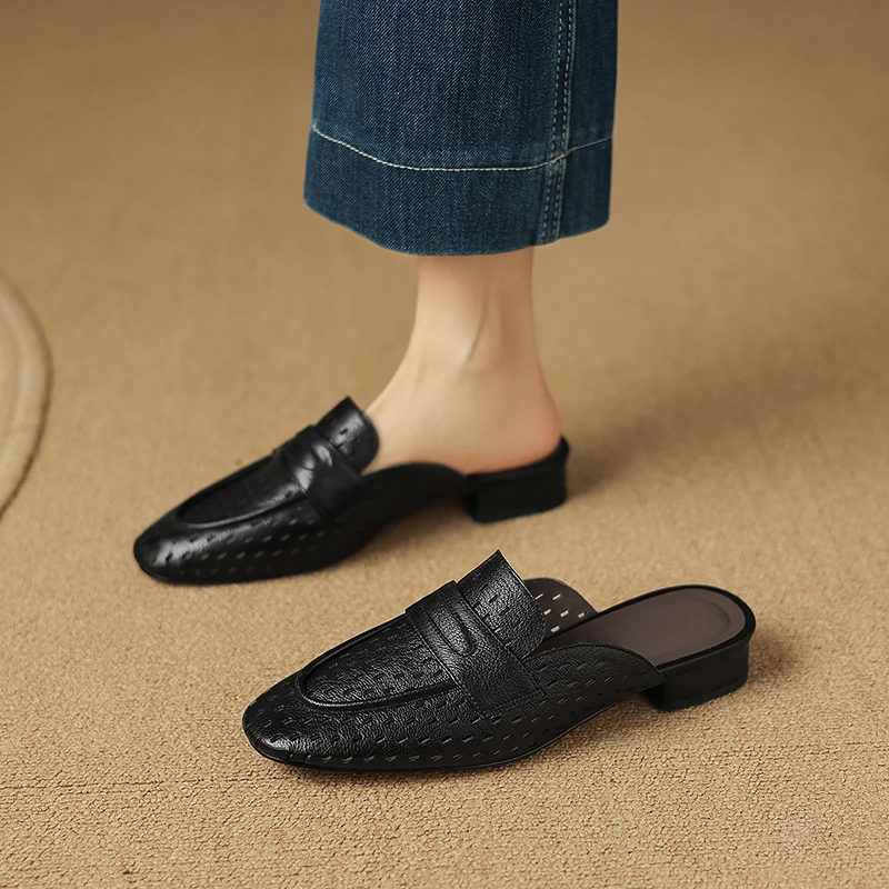 2026 new summer women sandals natural leather plus size 22-25.5cm sheepskin  round toe mules hollow-out women slippers fashion