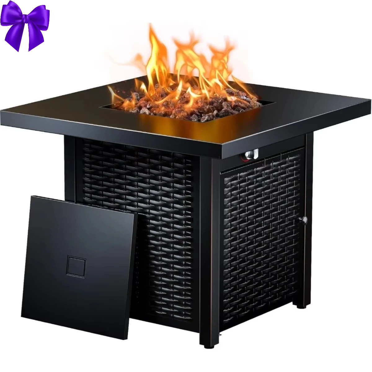 Table de foyer extérieure de 50 000 BTU, chauffage au propane en acier pour patio, terrasse, réchauffement de jardin, design carré noir avec roches de lave.
