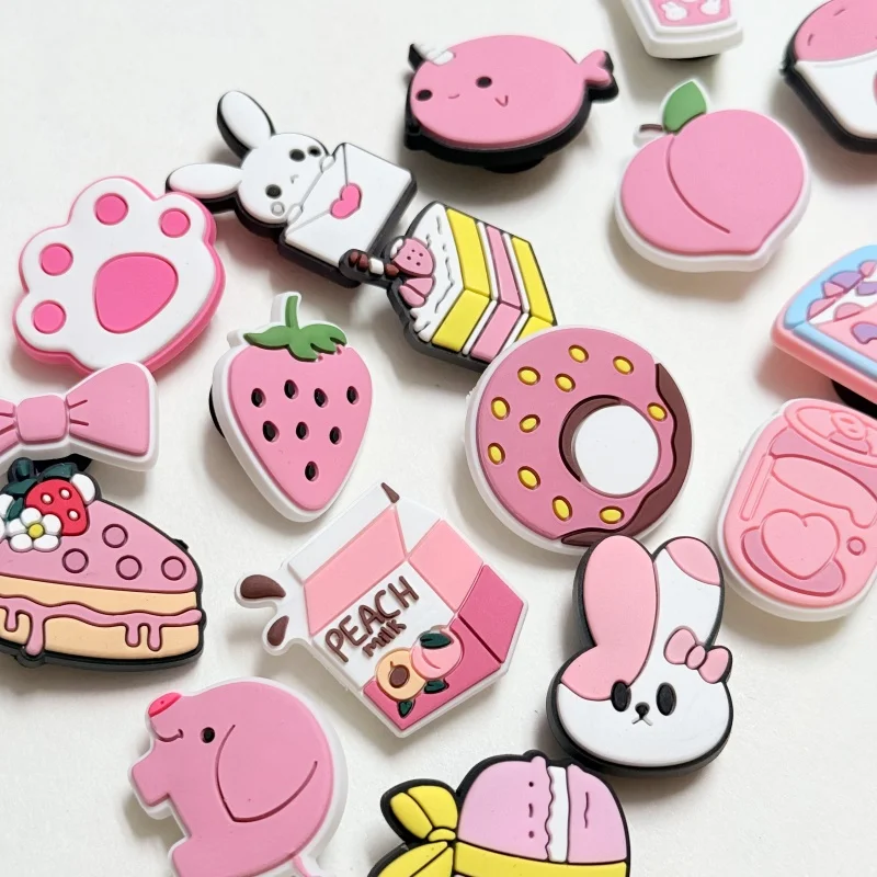 1-20pcs Pink Ice Cream Cake Doughnut Peach Drink Strawberry PVC Shoe Charms Accessories Slippers Decorations For Kids Gift