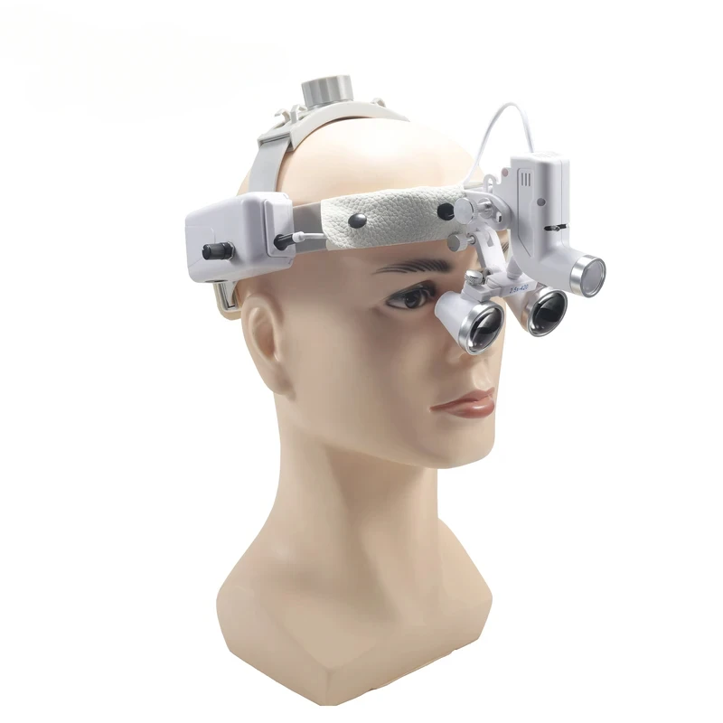 Light-guided, magnifying headlamp with headlamp, operating headlamp, clinical dental earmuffs