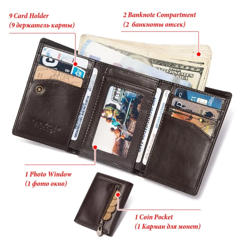 Unisex High-End Business RFID Blocking Wallet Genuine Cowhide Zipper Multi-Slot Loose Change Card Bag Anti-Theft Swiping