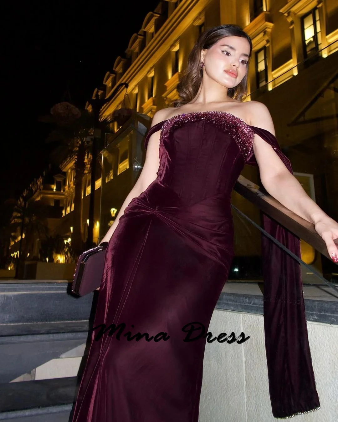 Mina personalizado veludo luxuoso vestidos de noite femininos para ocasiões especiais sem costas fita contas sem alças lantejoulas festa