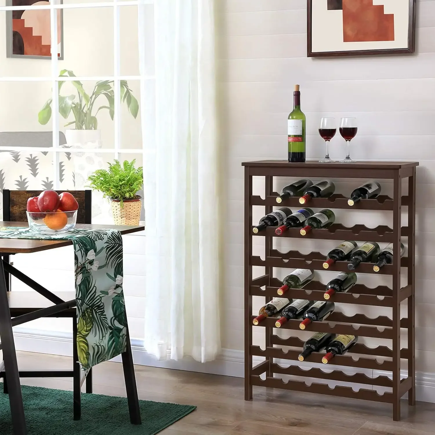 42-Bottle Wine Rack Free Standing Floor, 7-Tier Display Wine Storage Shelves with Table Top, Bamboo Wobble-Free Bottle Holder